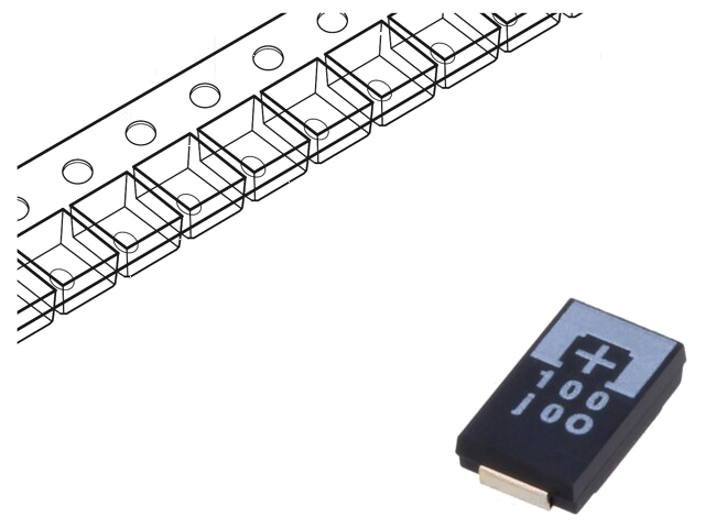 Condensator: tantaal-polymeer; low ESR; 100uF; 6,3VDC; TPE; SMD Condensator: tantaal-polymeer; low ESR; 100uF; 6,3VDC; TPE; SMD